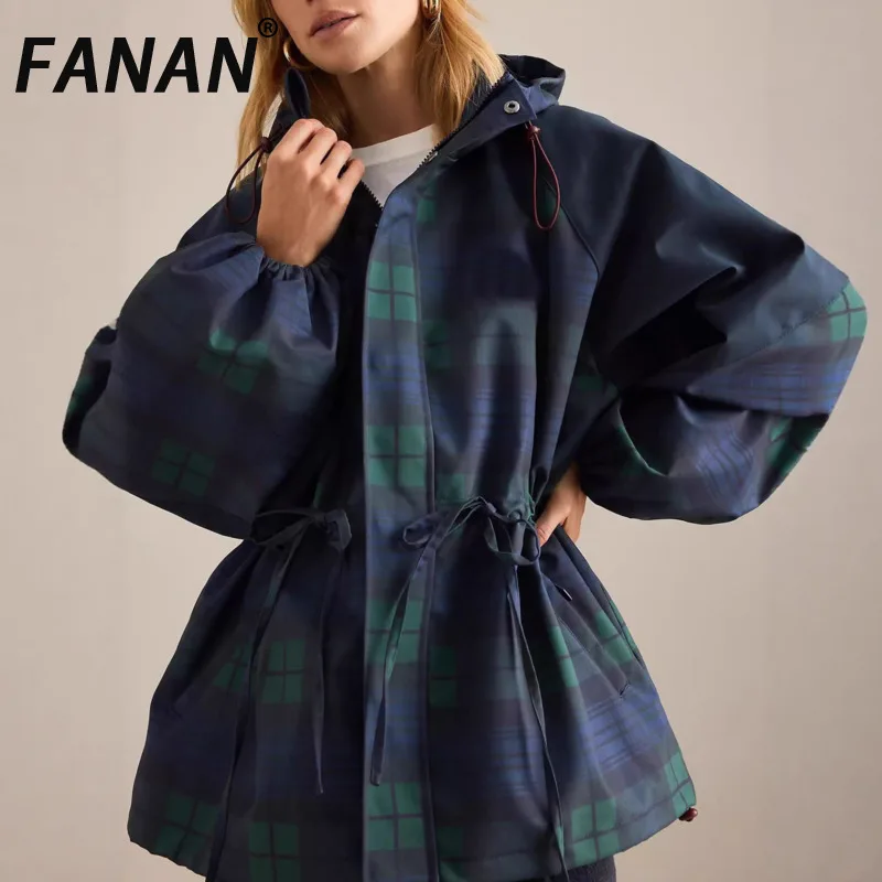 FANAN Women Vintage Tartan Plaid Hooded Jacket Oversized Lantern Sleeve Drawstring Waist Windproof Outdoor Raincoat Loose Coat