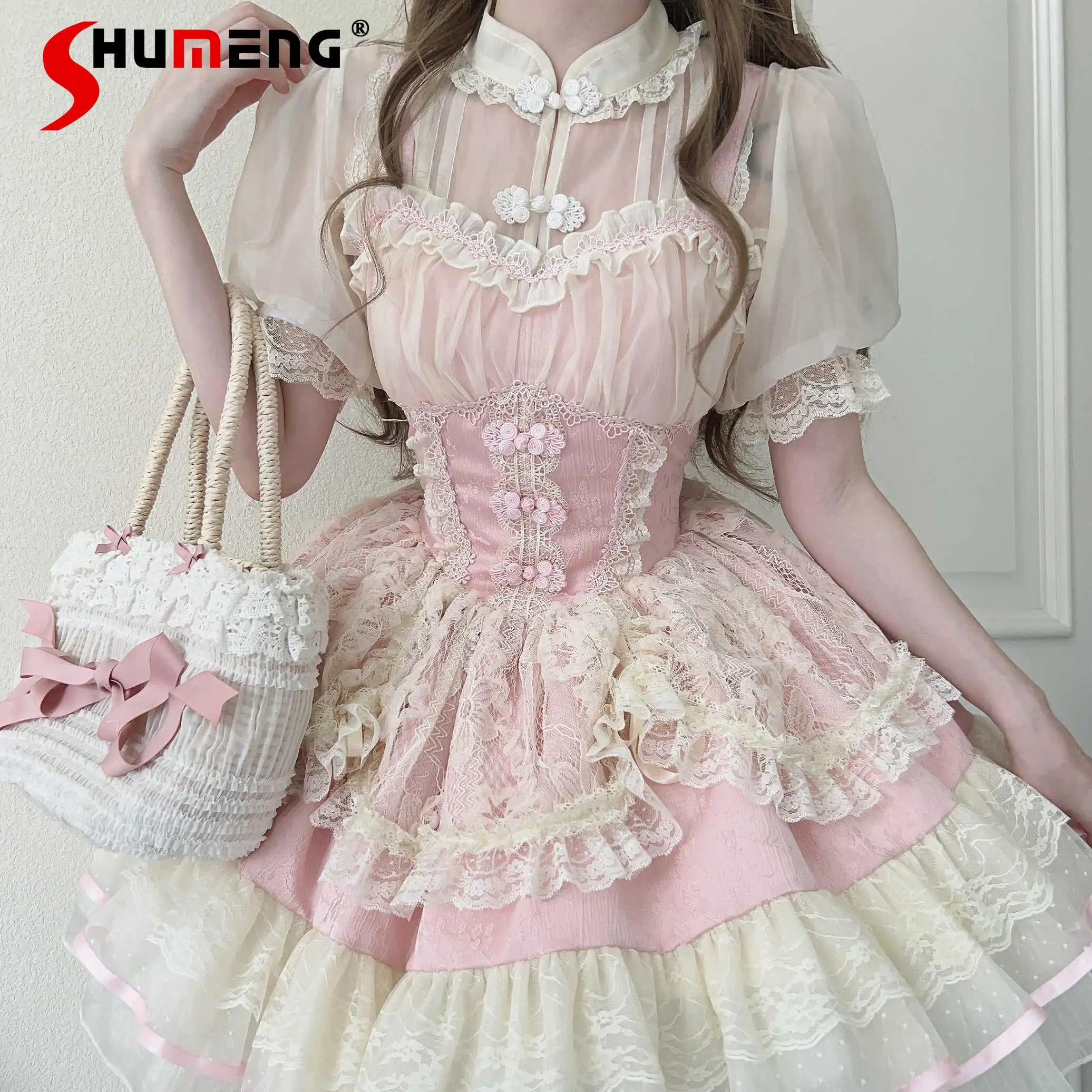 

Original Chinese Ballet Style Kawaii Girl Princess JSK Dress Sweet Cute Sleeveless Lace Bow Lolita Puffy Mini Dress Women Summer