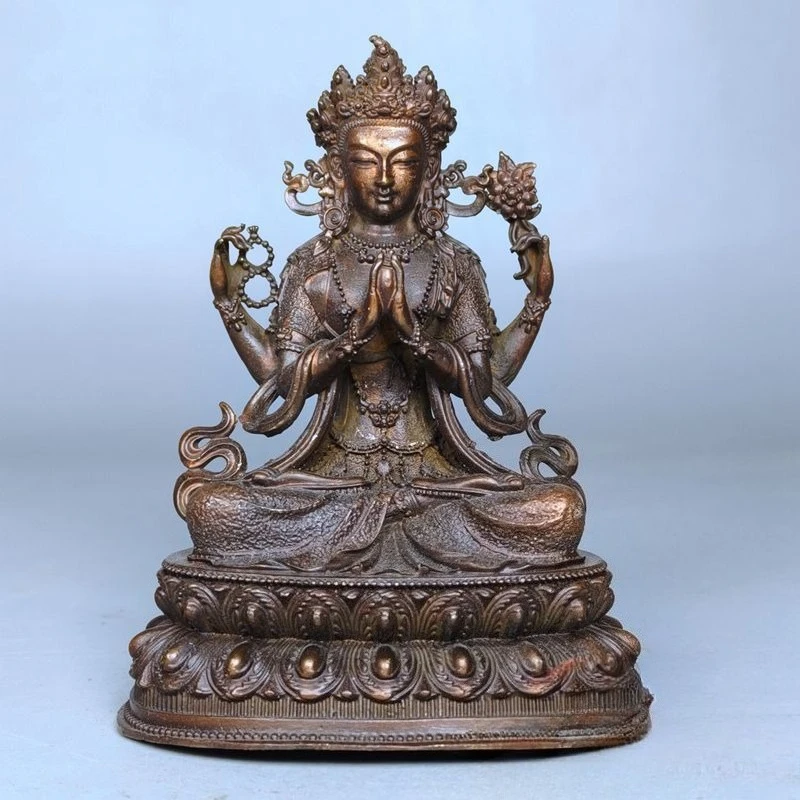 Antique Four-Armed  Bodhisattva Guanyin Statue Home Altar Decoration Bodhisattva Prosperity Good Fortune Feng Shui Desk Ornament