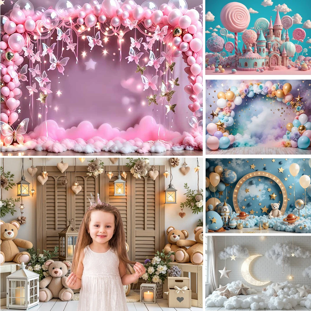 

MOON.QG Newborn Girl Boy Birthday Background Photography Balloon Arch Castle Candy Backdrop Photozone Accessories Poster Wall