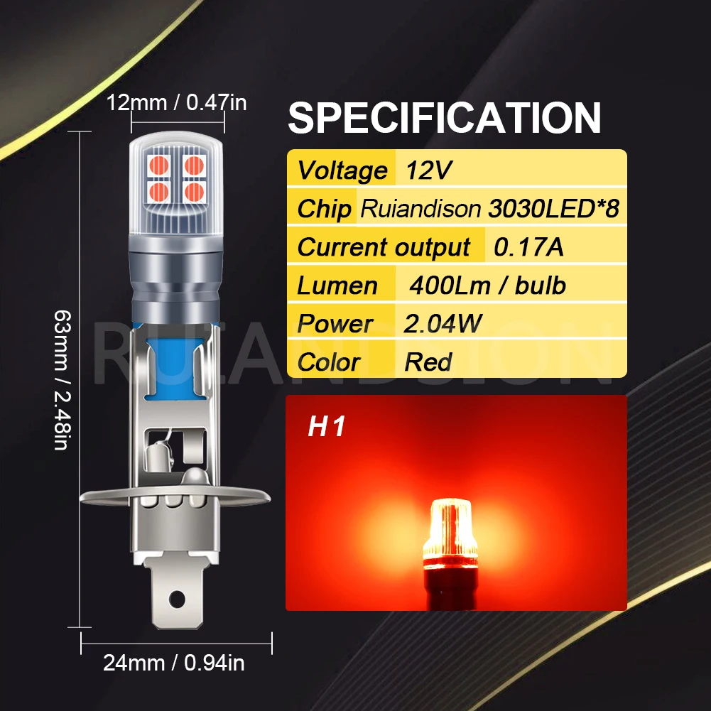 Ruiandsion H1 LED Headlight Bulbs H3 Auto Fog Light DRL 2W 12V 3030Chip 8SMD Super Bright Yellow Blue Red Pink White 2Pcs