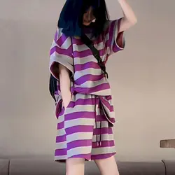 Striped T Shirts Sets Women Fashion Drawstring Design Patchwork Short Sleeve T-shirt and Wide Leg Shorts Oversized Two Piece Set