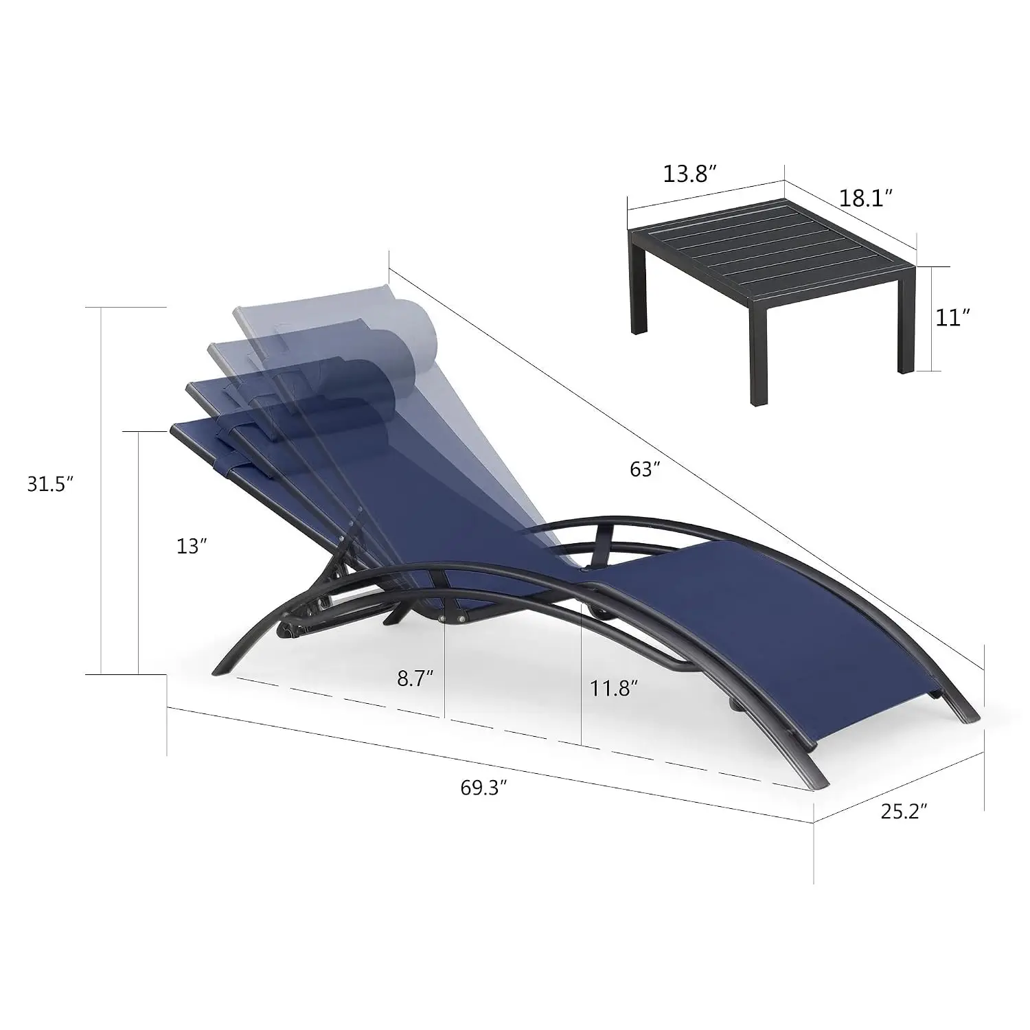 Patio Chaise Lounge with Tilt Umbrella 10x6.5ft Navy, 99% UV Protection, Base & Side Table, for Pool Lawn, Customized