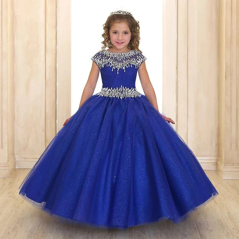 

Royal Blue Flower Girl Dresses for Weddings Beads Puffy Baby Princess Kids Evening Party Prom First Communion Pageant Ball Gowns