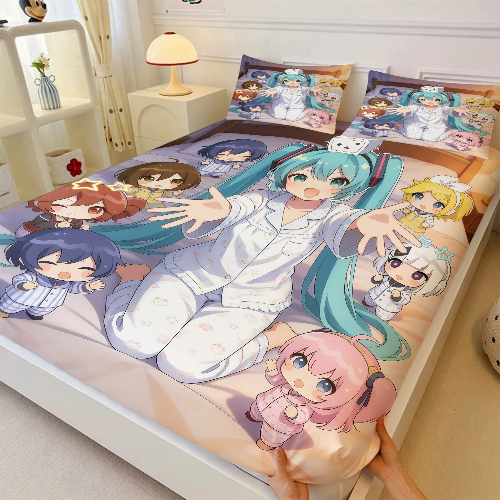 3-teiliges Hatsune Miku Spannbettlaken & 2 Kissenbezüge ohne Füllung, Anime-Druck Bettwäsche, Tiefe Taschen Matratzenschoner, Fan-Geschenk – Detail 11