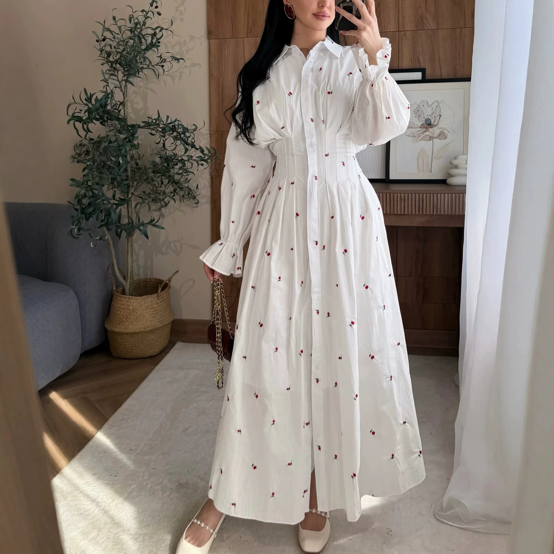 

New Arrival 2026 Summer European and American Women's Floral Lapel Ruffled Long Shirt Dress in Sweet Fresh Style