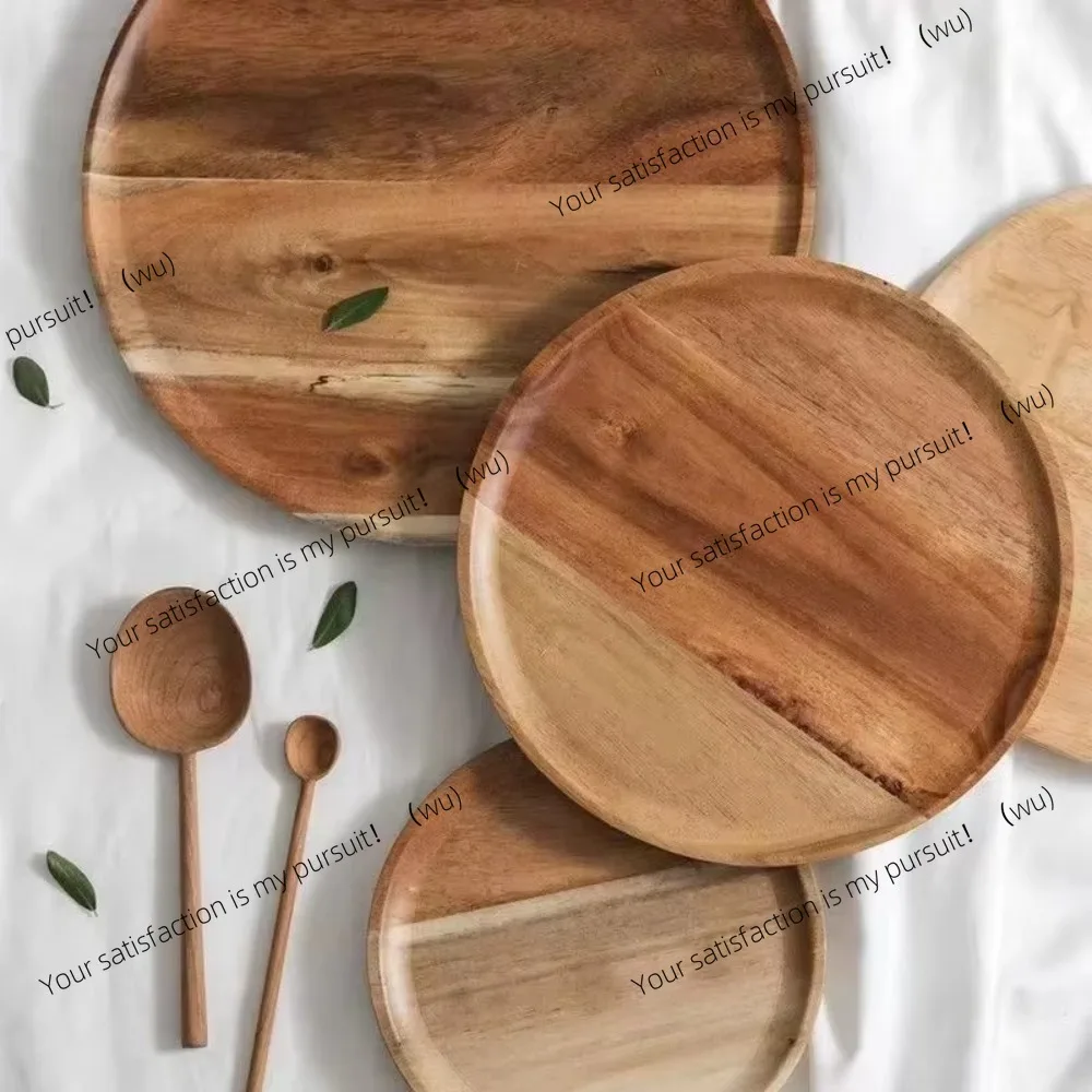 Vintage solid wood plate Round 13-38cm wooden tea plate, plate food snack plate