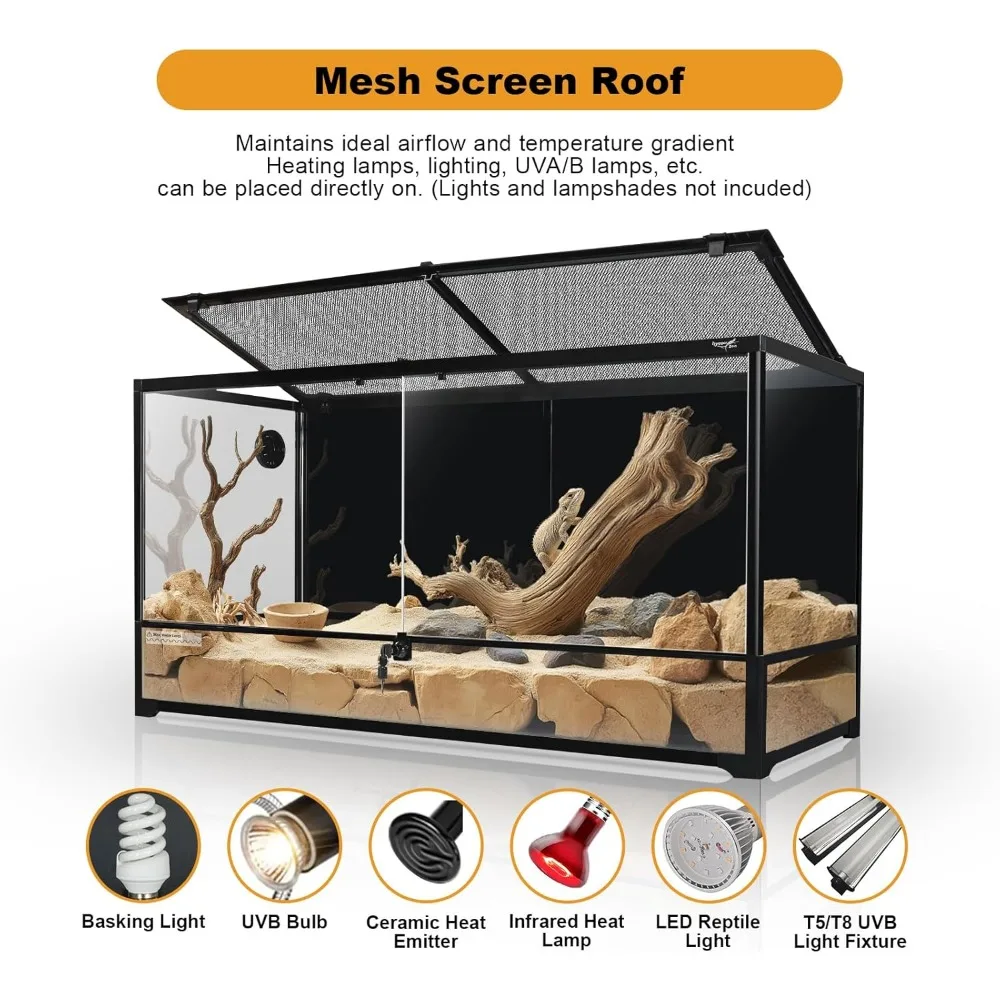 تررم زجاجي بفتحة أمامية للحرباء، مقاس 18 × 18 × 36 بوصة مع باب مفصلي مزدوج