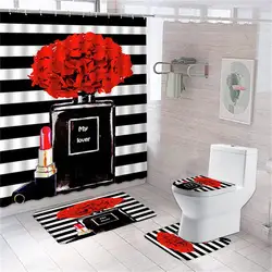 Cosmetic Perfume and Floral Shower Curtain and Rug Bathroom Set Flowers Heels Lipstick Home Cloth Hanging Curtain Bathroom Decor