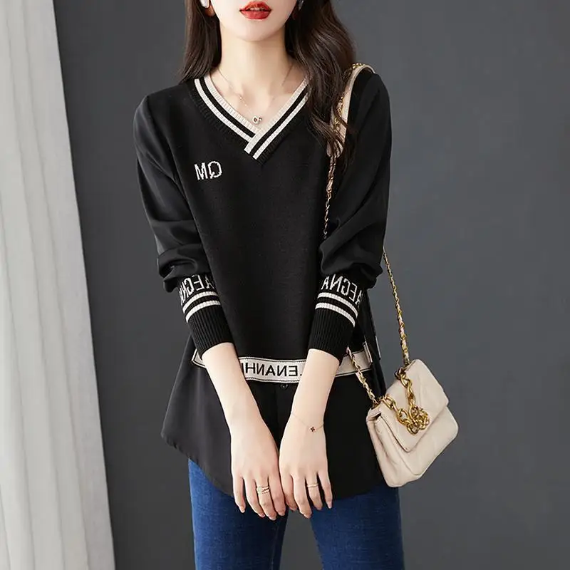 Streetwear Letter Printed Midi Blouse Female Fake Two Pieces Stylish Knitted Spliced Chiffon Spring Autumn Casual V-Neck Shirt