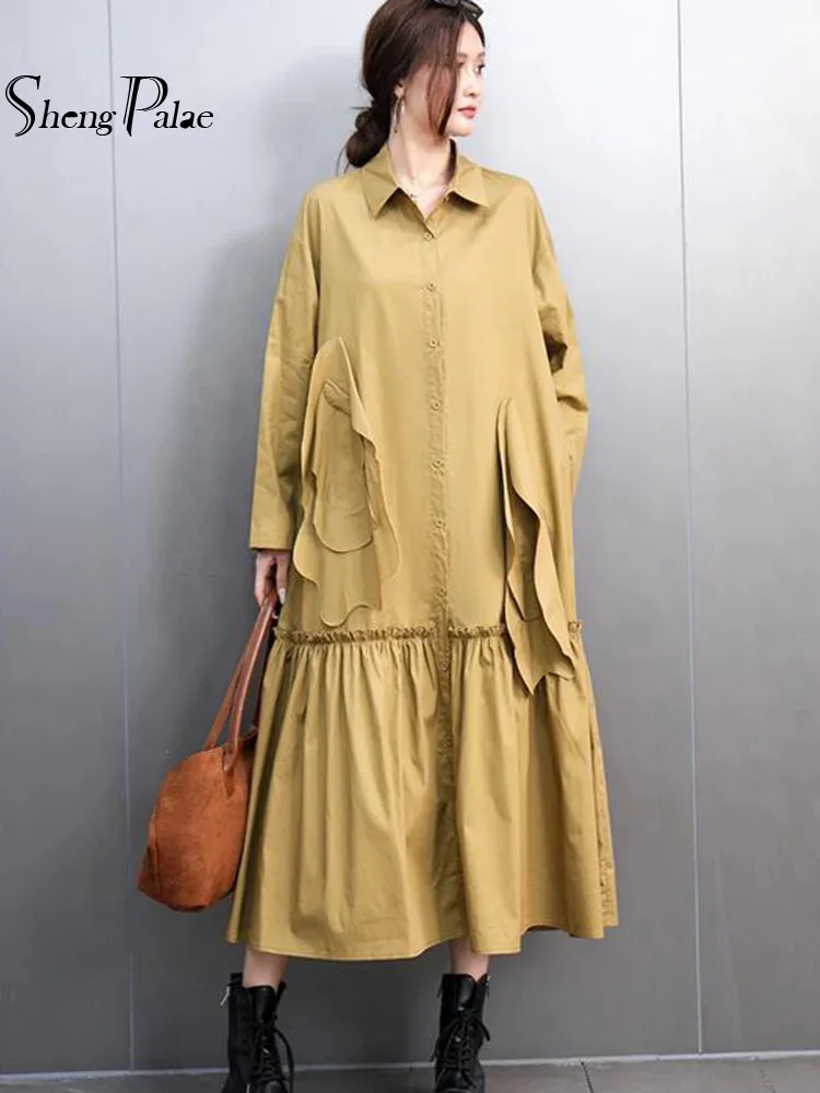 SHENGPALAE Women Chic Style Dress 2025 Spring Single Breasted Loose Patchwork A Line Female Casual Solid Color Dresses 5G522