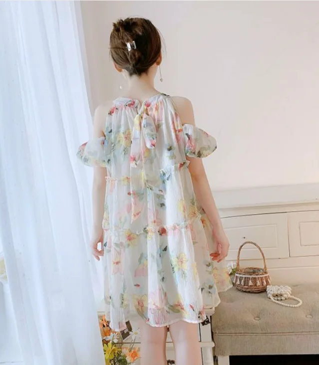 2025 Women's Fashion Spring Summer Hot Selling Dopamine Small Fresh Color Texture Hanging Neck Lantern Sleeve Floral Fairy Dress