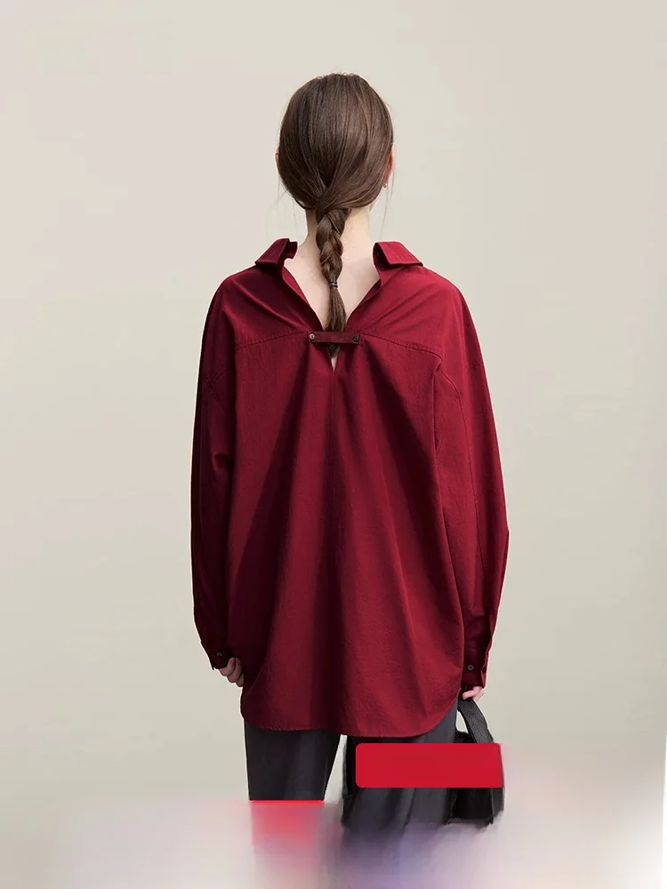 

Loose Women's Shirt Commute Style Button Detail Long Sleeve Mid-Length Casual Fashion Split Back Neck Turn-down Collar