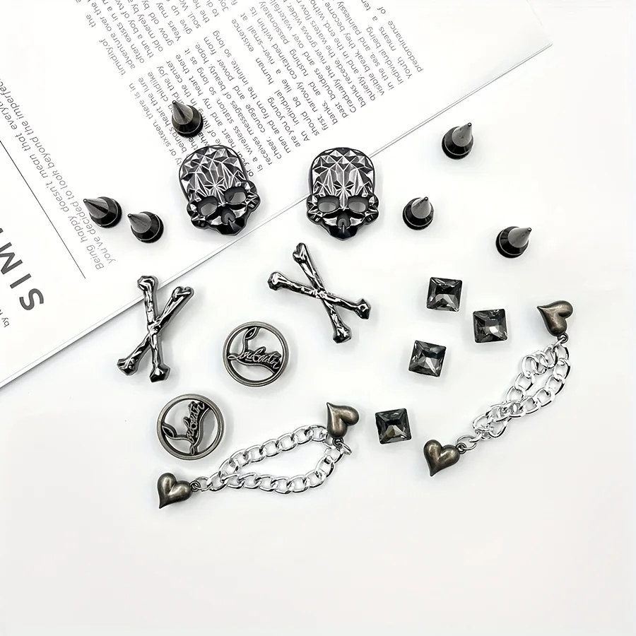 18 قطعة دلايات الجمجمة مع سلسلة المسامير الشرير مدبب أشار تو ABS الأحذية الديكور دبابيس اكسسوارات مناسبة ل قباقيب كروكس #6