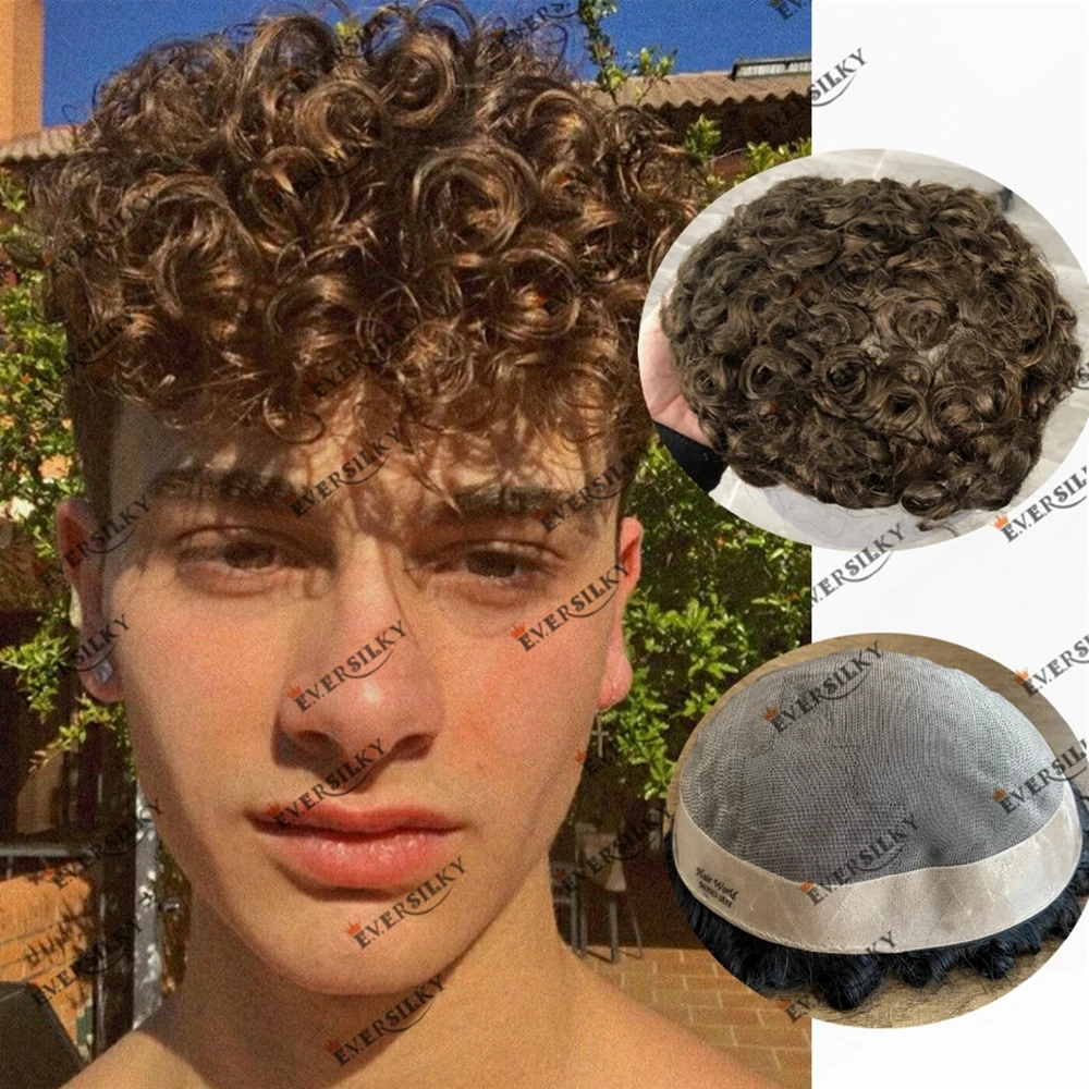 Men's Black Brown 100% Human Hair Replacement System Breathable Base Mono Durable 20mm Curly Hair Toupee Prosthesis Ventilated