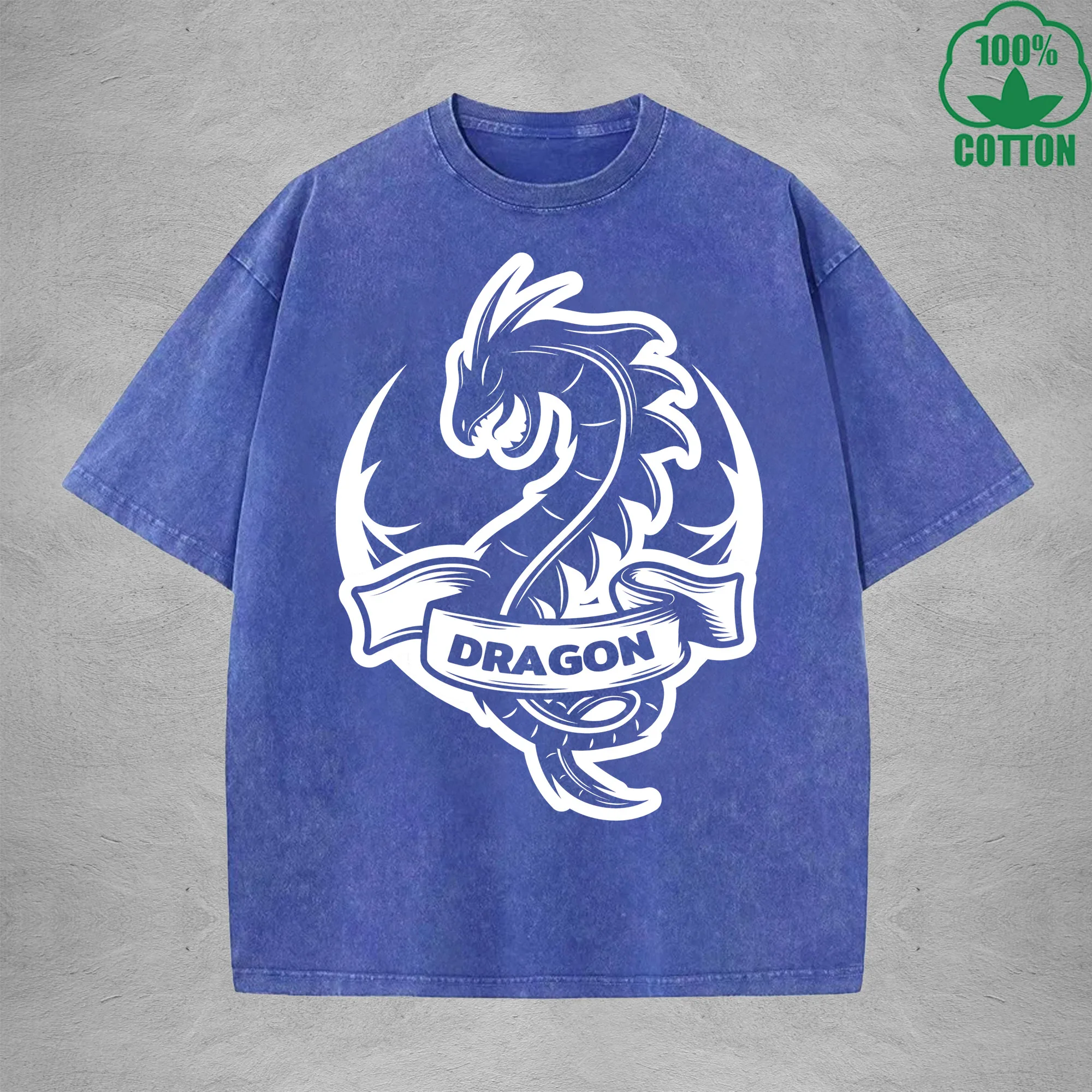 Dragon Emblem Interest Printed Washed T-Shirt 230G Multicolor Loose Trendy Fashionable Cotton Short Sleeve Top