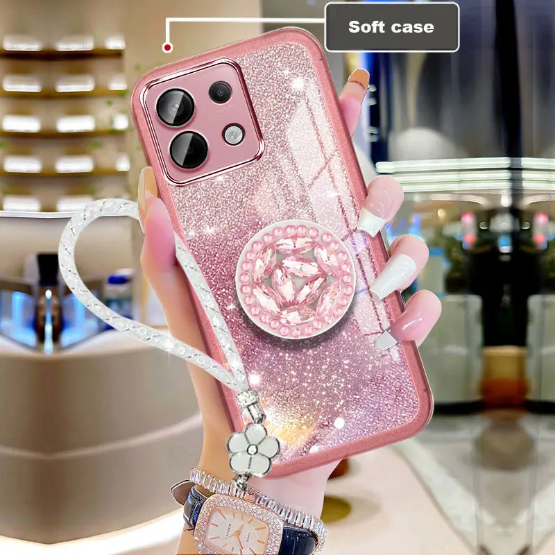 POCO M6 PRO Case Bling Glitter Lanyard,Luxury Diamond Holder Case For Xiaomi POCO M6 X6 Redmi Note13 pro + 4G Back Cover M6pro