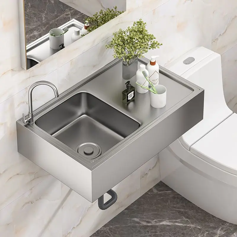 Commercial kitchen vegetable basin, wall-mounted stainless steel washbasin with stand, integrated dishwashing sink, household