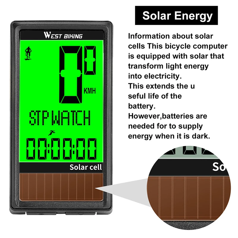 WEST BIKING 5 Languages Wireless Solar Bike Computer Auto ON/OFF Cycling Speedometer Waterproof Backlight Bicycle Stopwatch