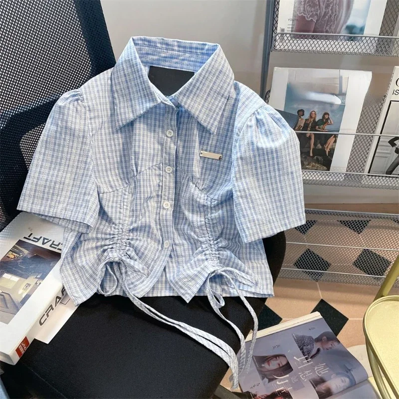 French Chic Short Drawstring Plaid Shirt Niche Puff Short Sleeved Female Blouse Fashion Ruched Single Breasted Patchwork Top