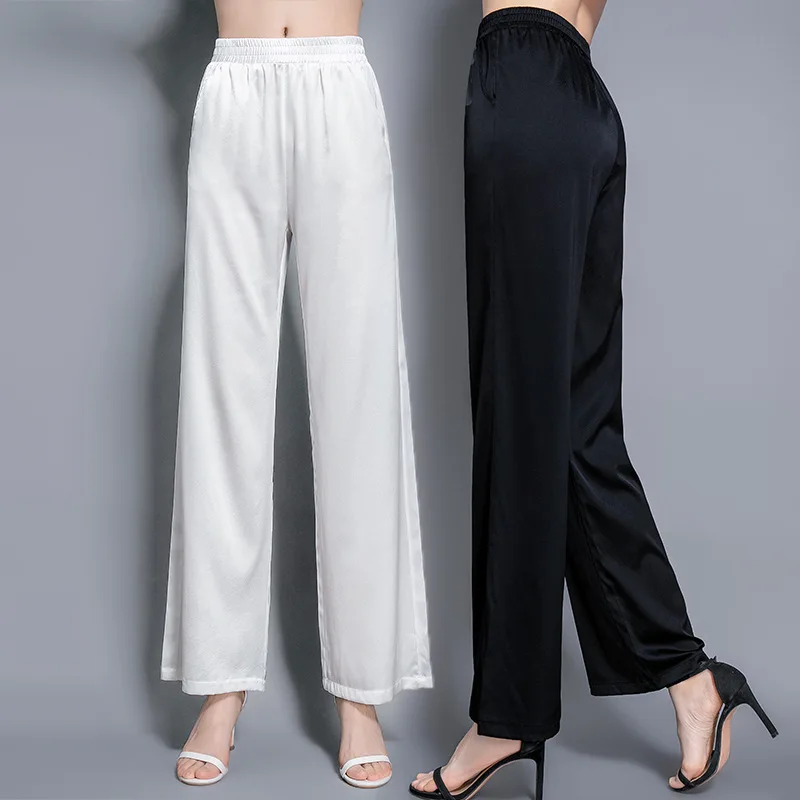 Birdsky, 1PC Women trousers pants wide leg straight pant elastic waist high waist real mulberry silk & spandex 3 colors, S-931