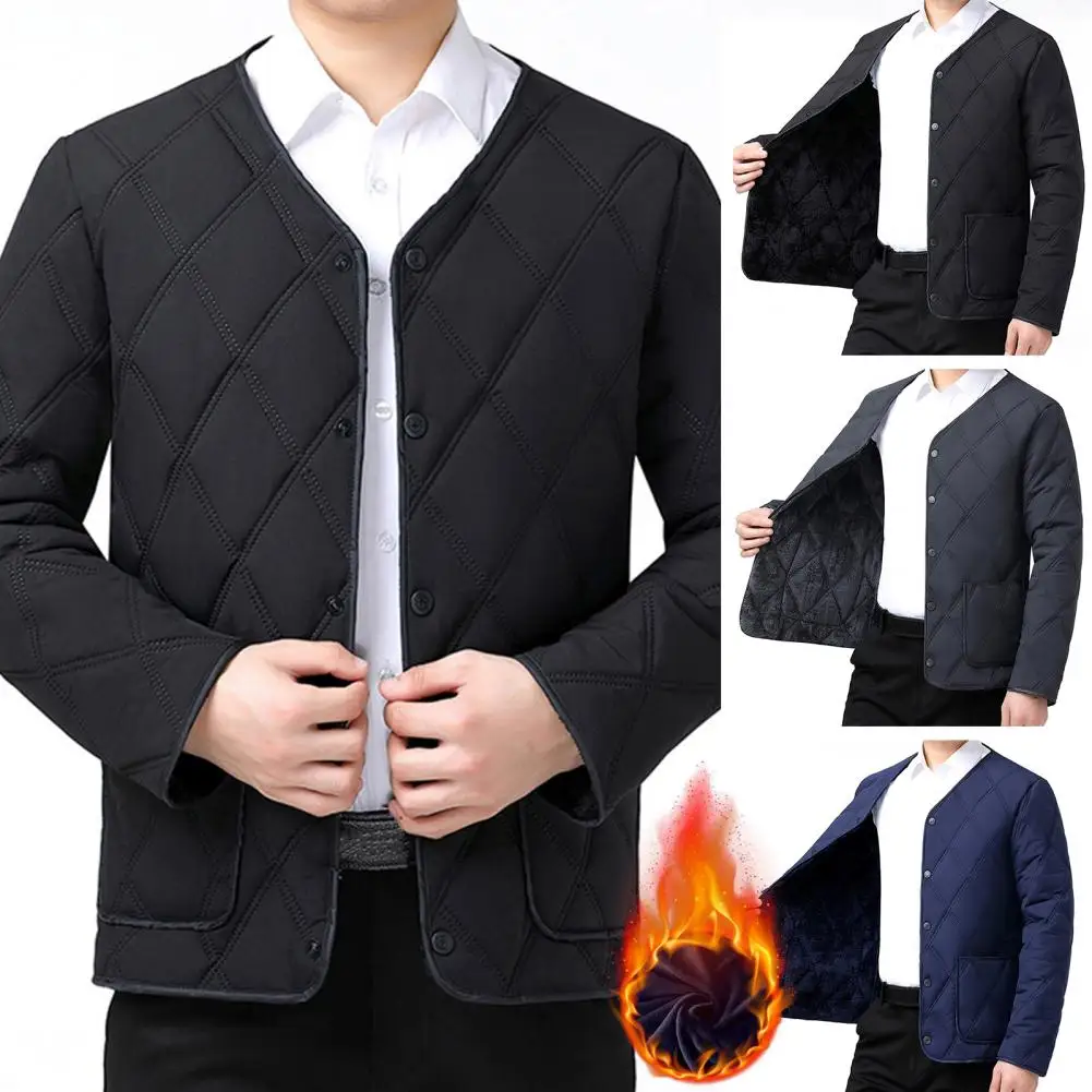 Thickened Plush Lining Cotton Coat Stylish V-neck Collarless Men\'s Jacket with Plush Lining Large Pockets Solid Color for Winter