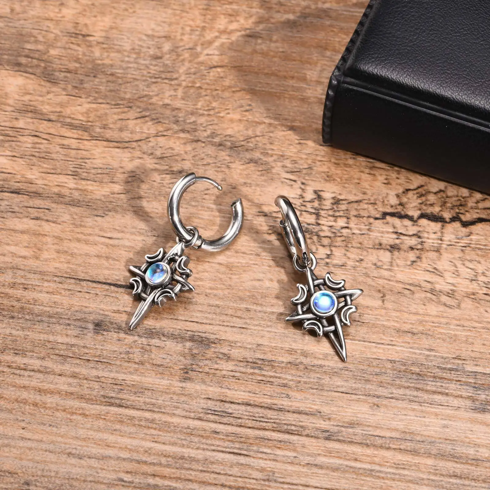 Vnox Vintage Star Moon Stone Earrings for Men Women, Hypoallergenic Stainless Steel Hoop Earrings Gift