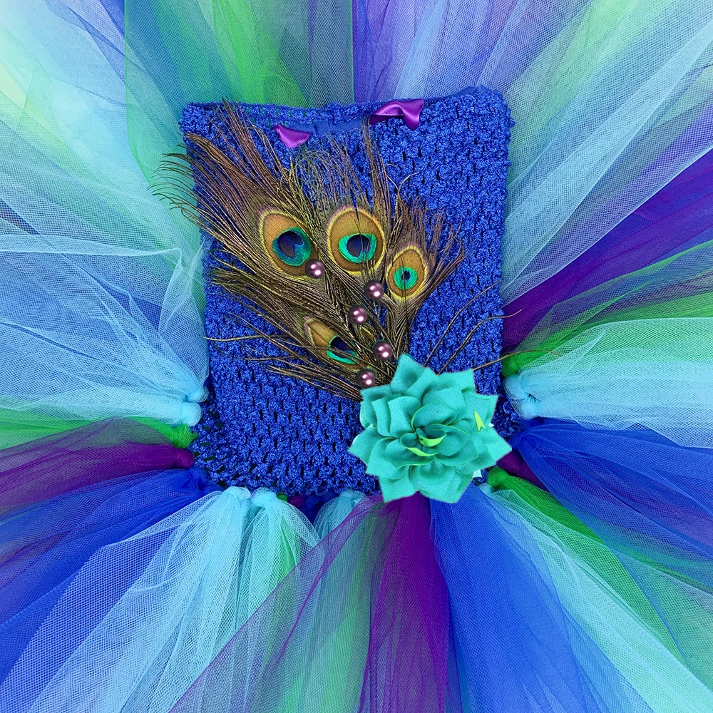 Royalblue Peacock Costumes for Girls Carnival Halloween Fancy Dresses for Kids Birthday Party Tutus Outfit with Flower Feathers