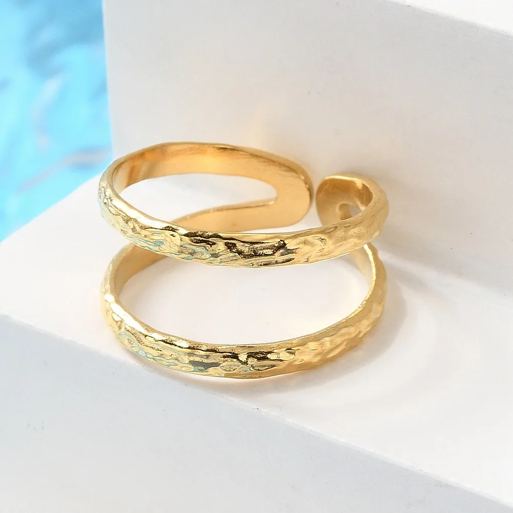 Ion Plating(IP) 304 Stainless Steel Double Line Open Cuff Ring for Women Nickel Free Real 18K Gold Plated Size 8(18.1mm) view 2