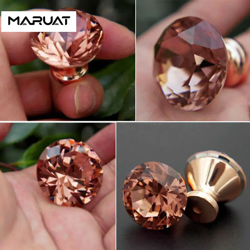 Kenop Laci Kenop Kristal dan Pegangan Kenop Kabinet Handel Tarik Bentuk Berlian Rose Gold untuk Lemari Pakaian Dapur Kamar Mandi