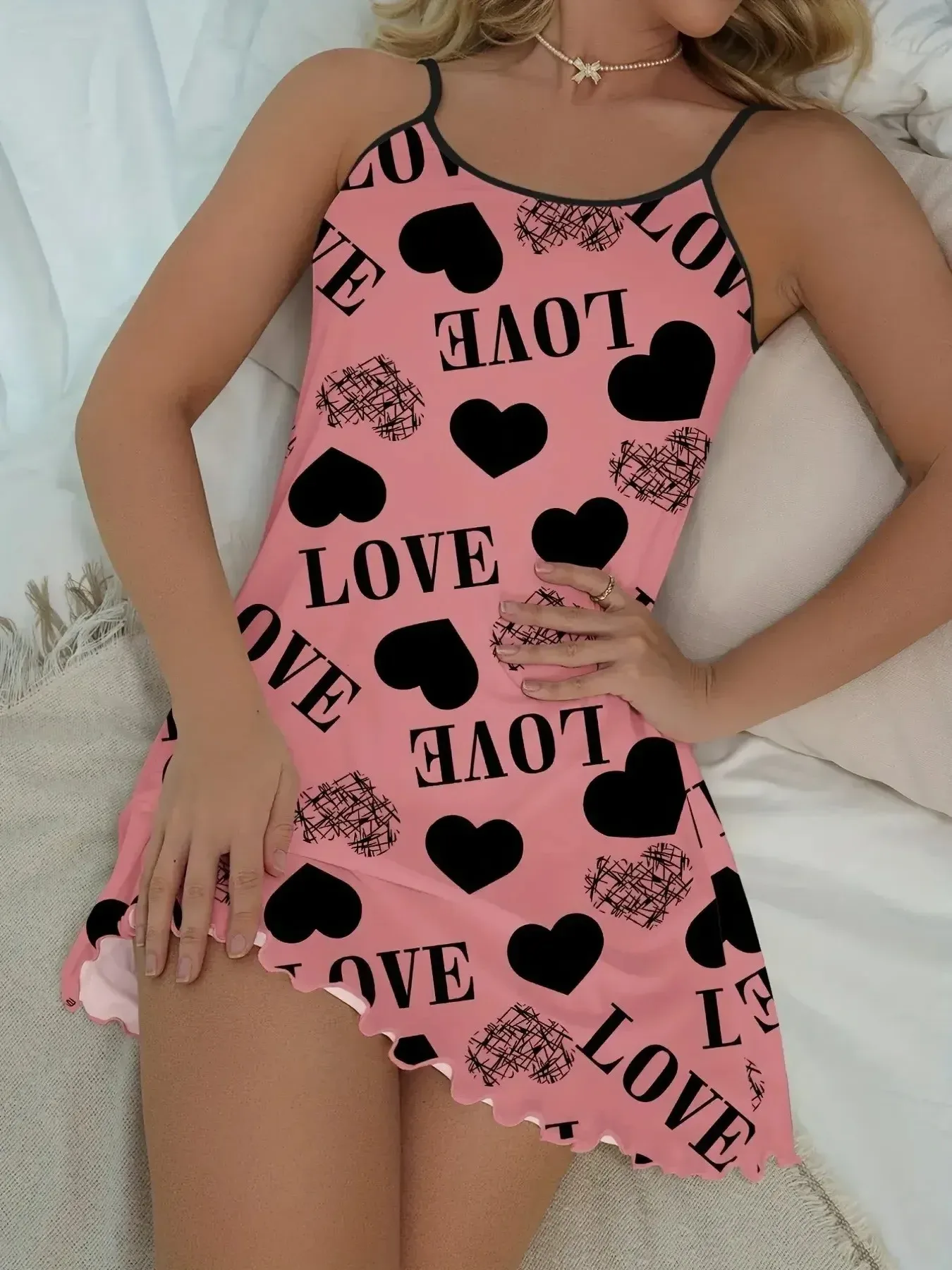 1 Piece Casual & Comfy Heart & Letter Print Nightdress, Lettuce Trim Sexy Slip Short Nightdress, Women\'s Sleepwear & Dresses