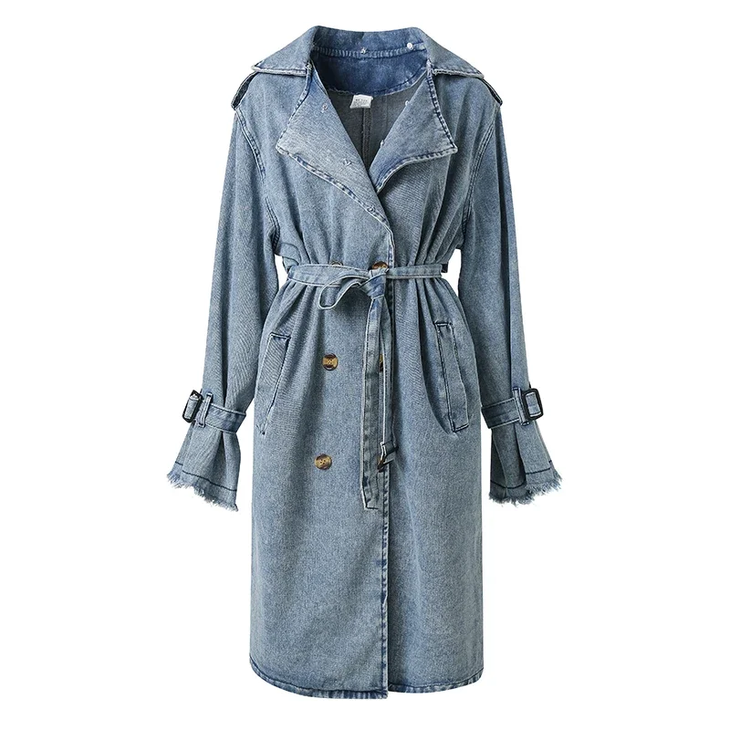 Latest Fashion Design Women Long Coat Detachable Mongolian Fur Collar Denim Trench Coat