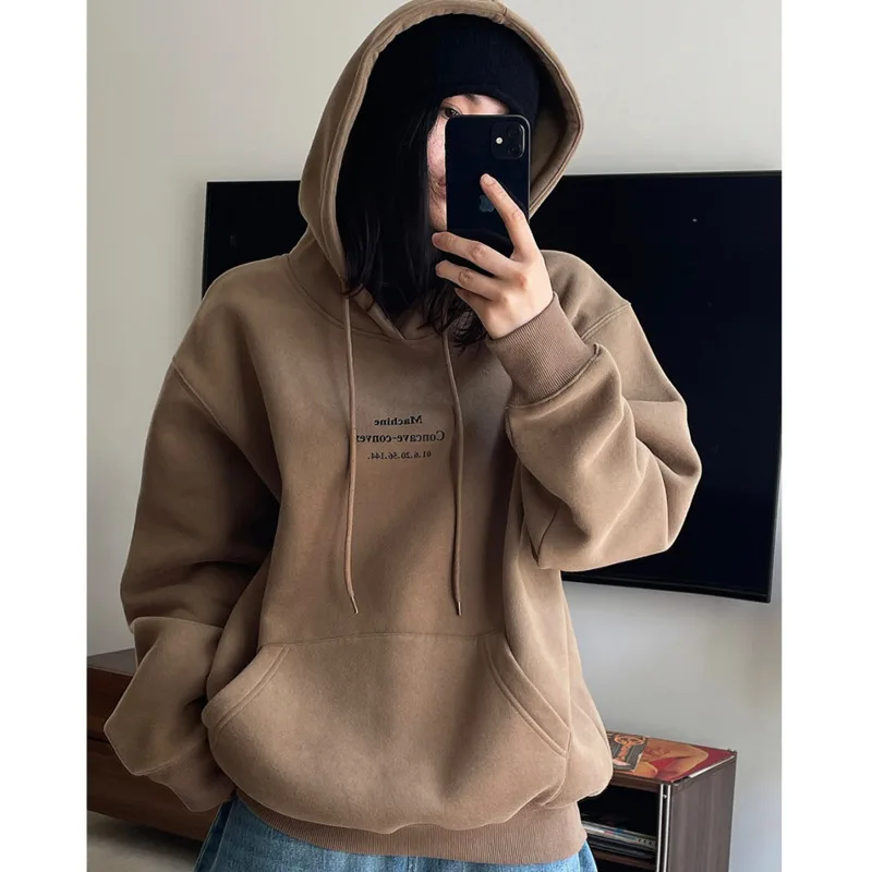 

Autumn Winter Letter Plush Thick Hoodies Women Korean Casual Sports Loose Warm Pullovers Tops
