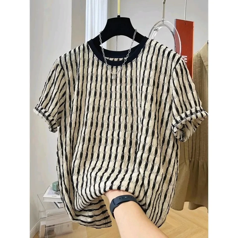 

2025 Summer New Fashion Men's Casual Trendy Loose Black White Short Sleeve O-neck Undershirts Male Clothes T-shirts Striped Tops