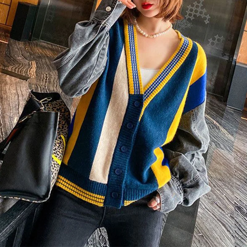 Autumn Winter Korean Style Loose Casual Denim Patchwork Sweater Lady Buttons Top Women Elegant All-match Knitting Cardigan Coat