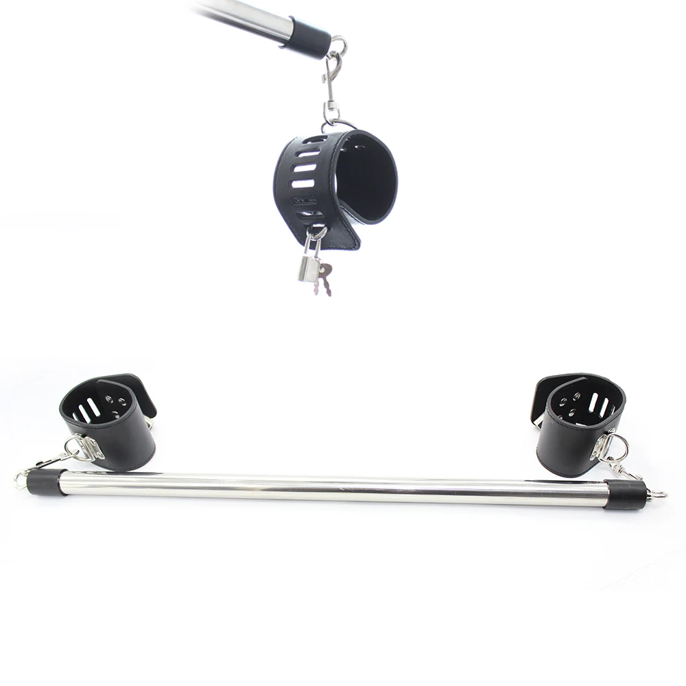 Cangue Yoke Pillory Stainless Steel Handcuffs Neck Collar Restraint Lock PU Leather Open Legs Ankle Cuffs Whip Slave Toy