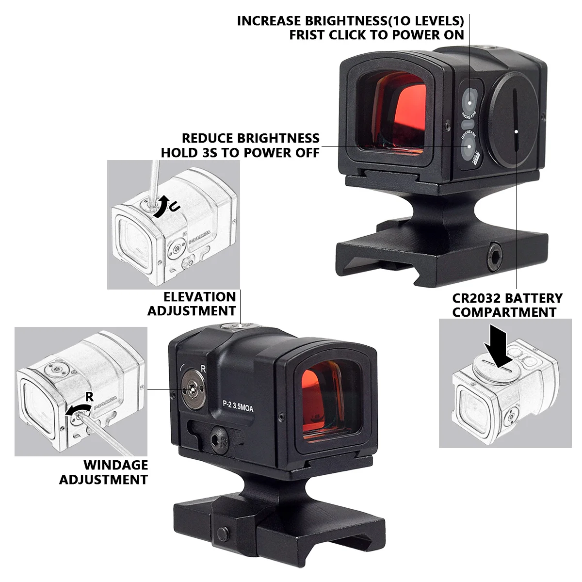 P-2 Tactical Red Dot Sights Optic Reflex Sight Holographic Rifle Scope Glock Sight Fully Enclosed Collimator 20mm Rail