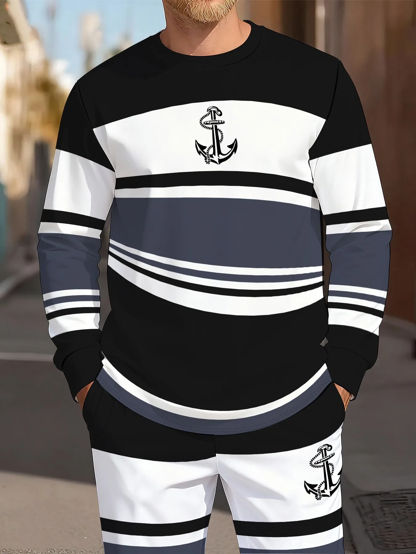 2026 Autumn/Winter New Style Simple Casual Fashion-Comfortable Soft 3D Stripes Pattern Printed Men's Round-neck Sweatshirt Set