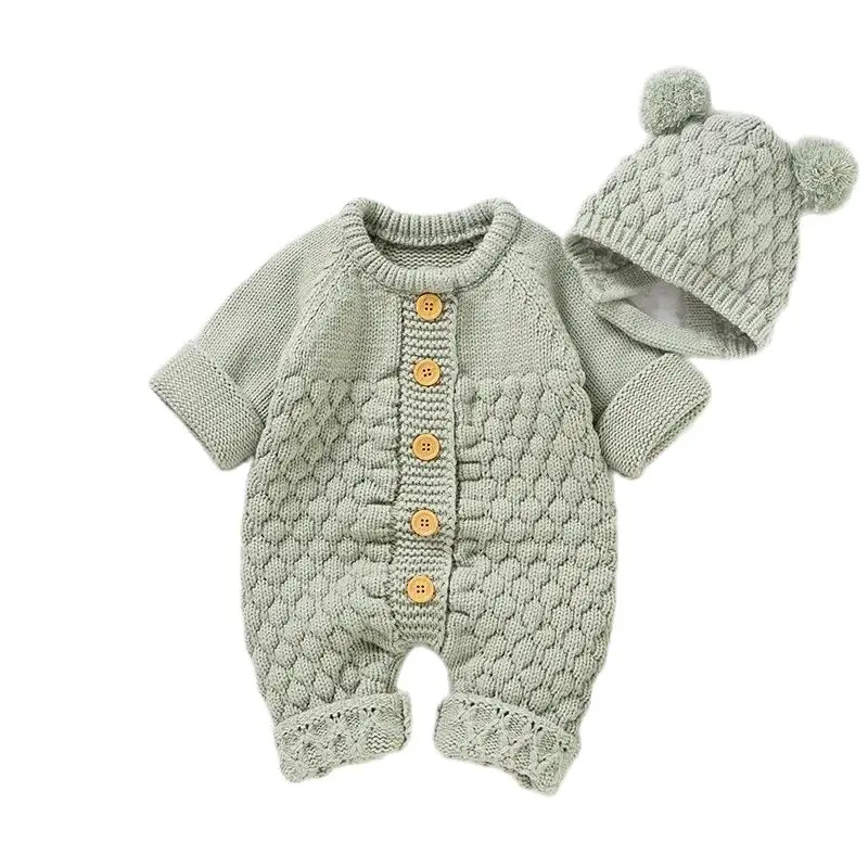 Girl Boy Knitted Jumpsuits Outfits Autumn Winter Long Sleeve Baby Rompers Caps Clothes Sets Newborn Toddler Infant Overalls 2pcs