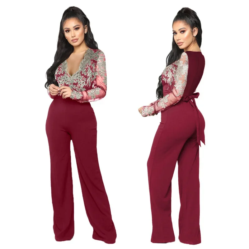 Jumpsuit 3XL Appliques Lace Patchwork Jumpsuit Women Sexy Off Shoulder Slash Neck Long Sleeve Women Jumpsuit Elegant Wide Leg