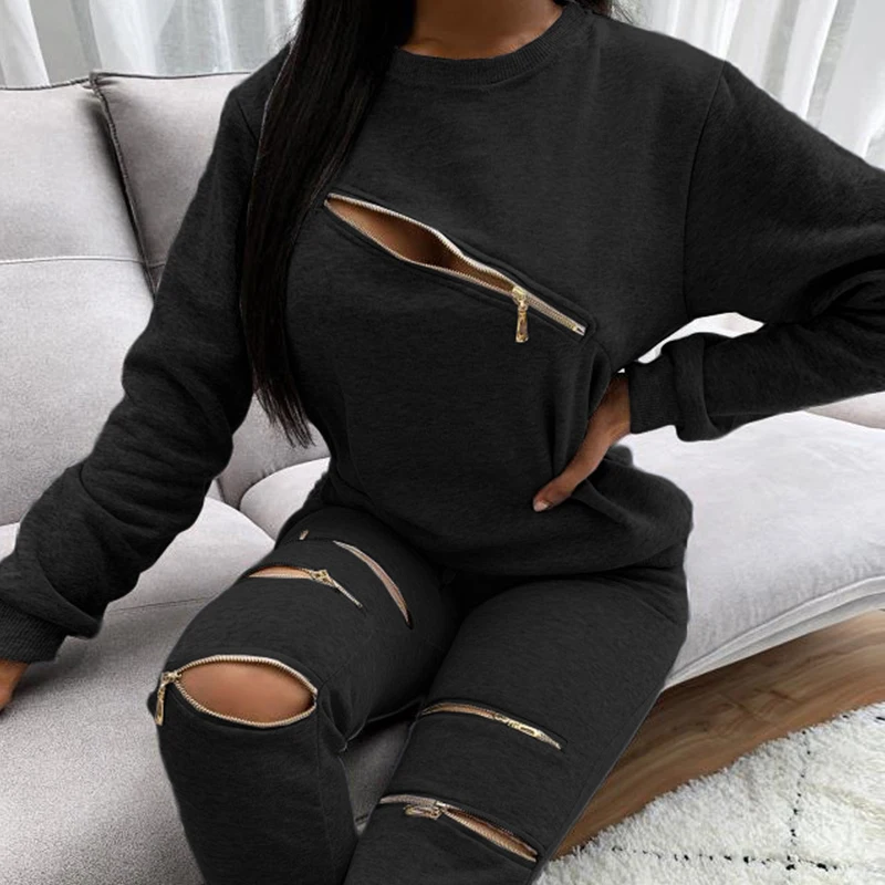 BKLD Fall Trendy Casual Women Solid Color Zipper Patchwork 2 Piece Tracksuit Streetwear O Neck Long Sleeve Sweatshirt+Full Pants