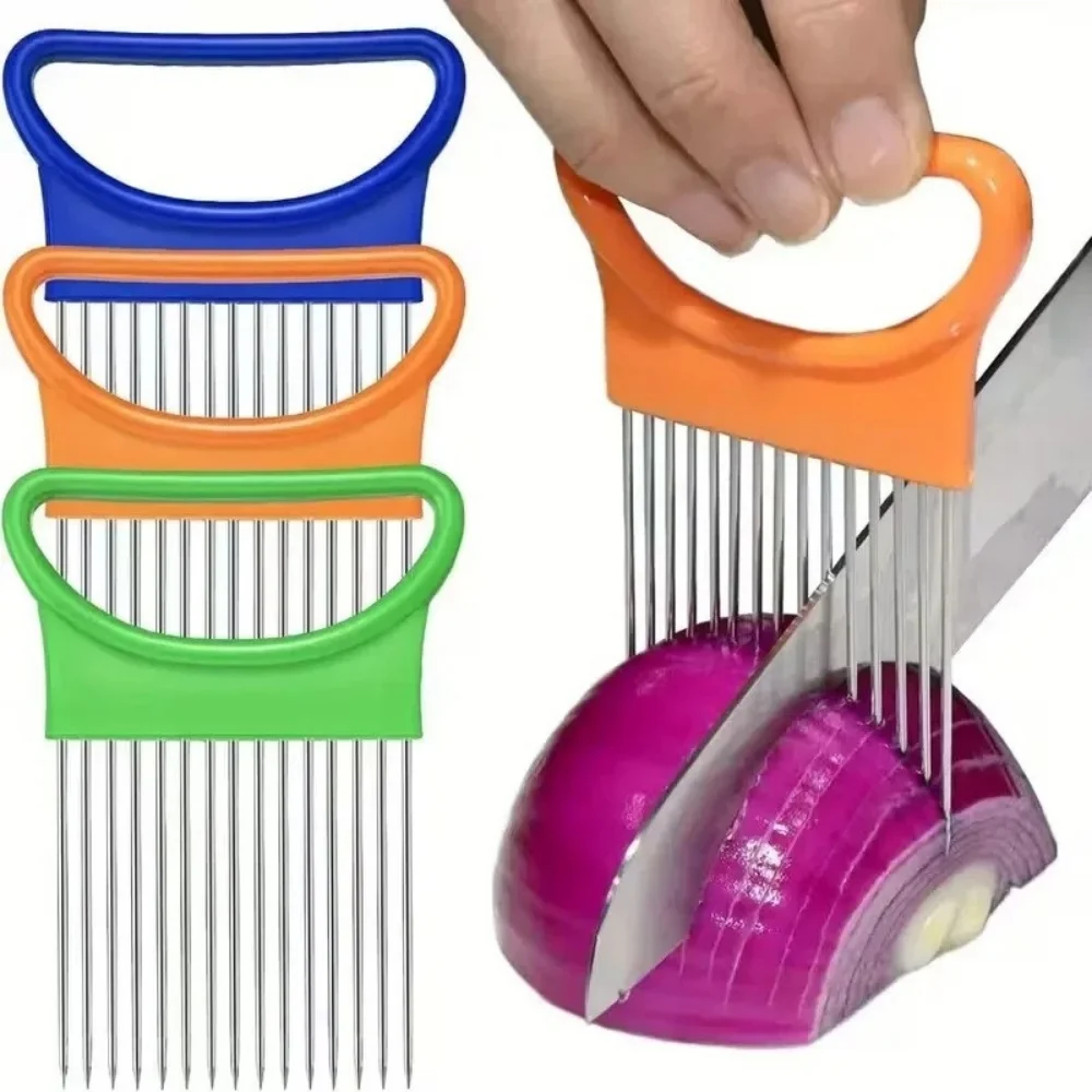 Effortlessly Slice Onions with This 1pc Colorful Onion Slicer Kitchen Stainless Steel Potato Chip Onion Holder Kitchen Tools