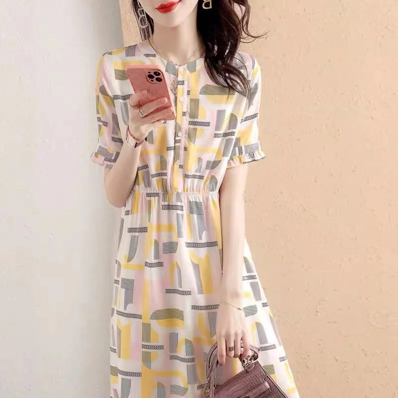 Summer Advanced New Women's Chiffon manga curta camisa vestido de comprimento médio das mulheres impresso estilo clássico contro