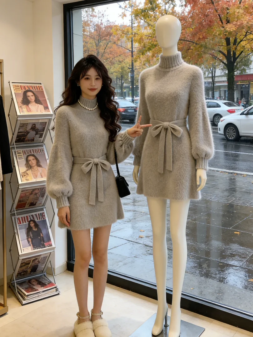 

ay Knitted Dr Korean Sle f High Collar Waist Cinched Women's Faion Spring Commute Long Sve round Ne Dr