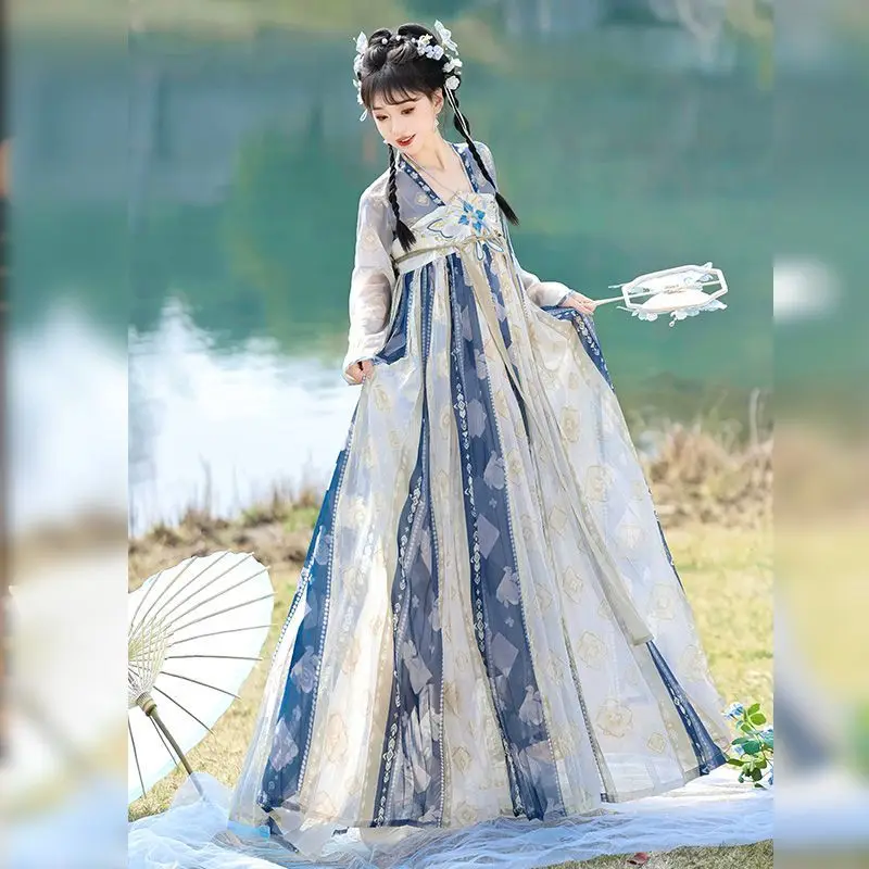 

Chinese Hanfu Dress Princess Dress Women Traditional Embroidery Female Carnival Fairy Cosplay Costume Hanfu Gradient Blue Dress
