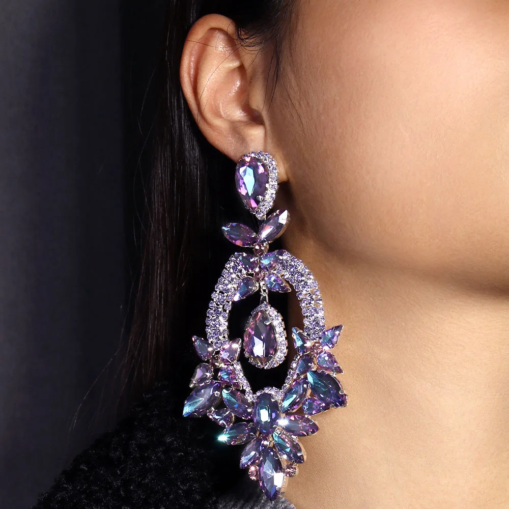 Exaggerated Purple Rhinestone Big Size Earring for Women Fashion Crystal Drop Earrings Luxury Drag Queen Jewelry Accessories