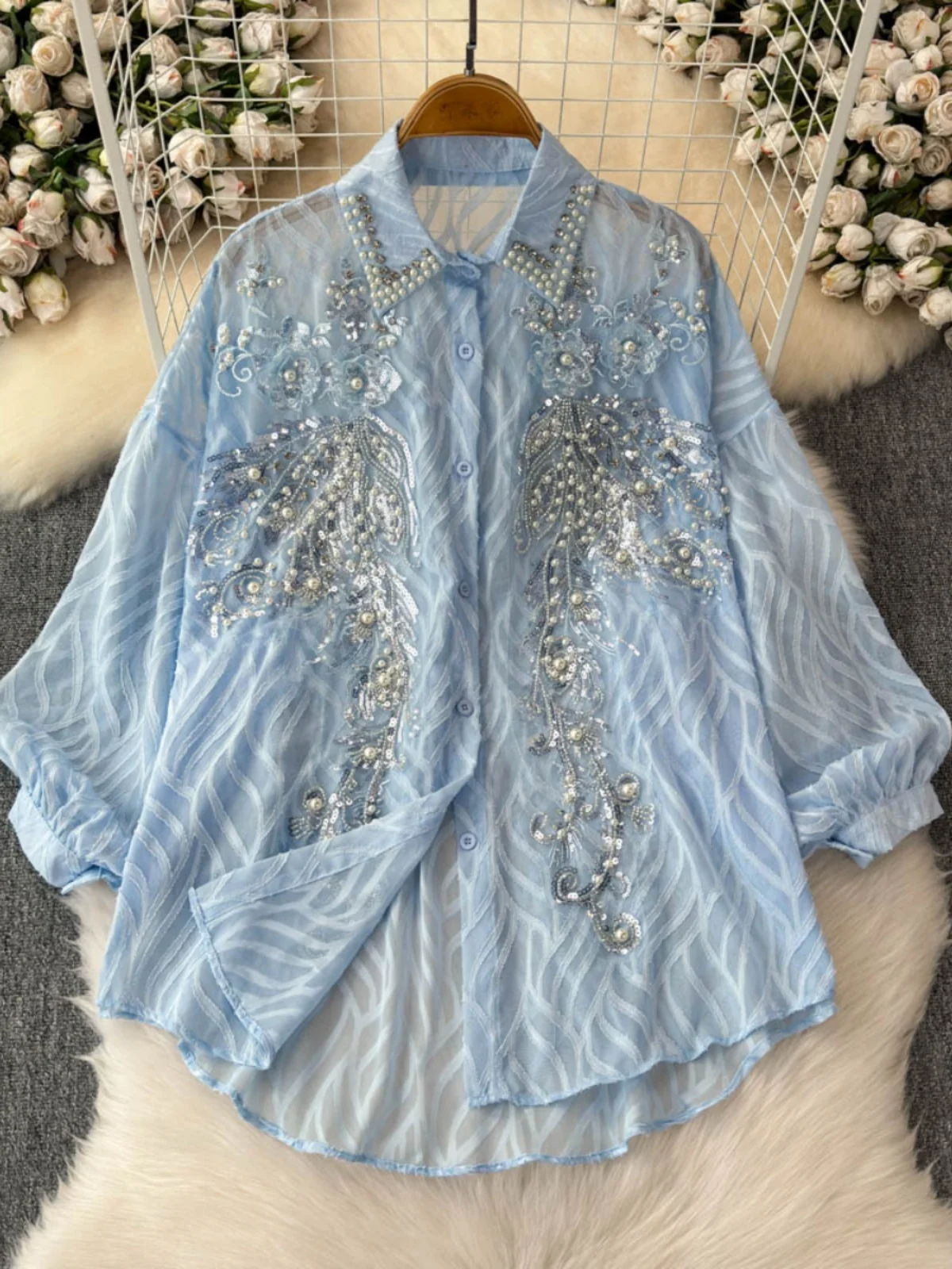 

Anti-Aging Glitter Embroidered Women's Shirt Heavy Embellishment Diamond Insert Lantern Sleeve Slimming Trendy Top