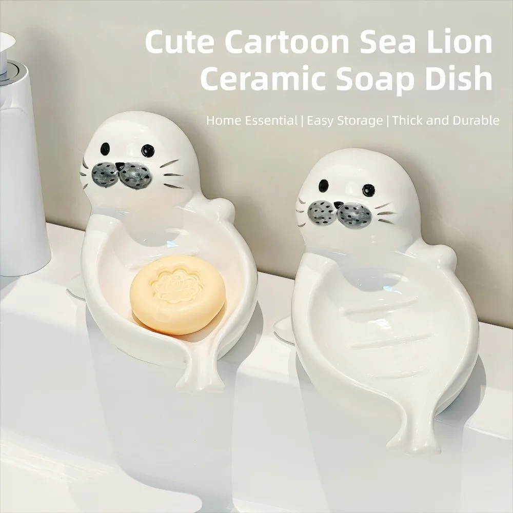 

Cute Sea Lion Soap Dish Drainable Soap Box Self Draining Soap Holder Ceramic Soap Container Bathroom Decor Organizer Countertop