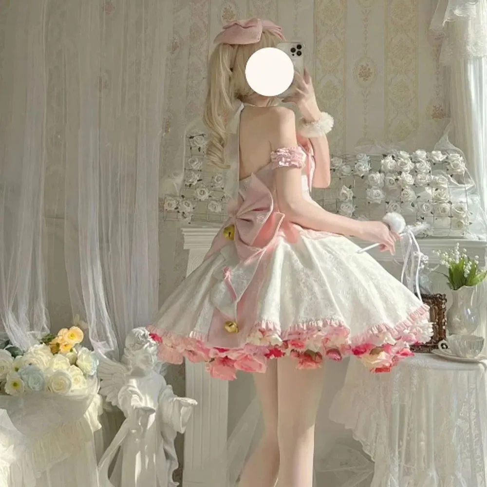 Kawaii Girl Lolita wzburzyć Bowknot żakardowa sukienka wisząca na szyję, JSK śliczna super słodka sukienka wróżki księżniczki, Sissy Maid Cosplay