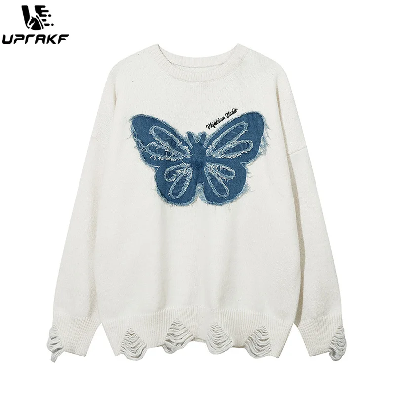 UPRAKF-suéter con bordado de mariposa, jerseys cálidos de moda, cuello redondo suelto, mangas largas de invierno, otoño